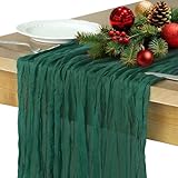 Christmas Table Runner, 10FT Cheesecloth Emerald Green Table Runners 35*120inch Rustic Boho Table Runner for Christmas Indoor Home Kitchen Table Party Decorations