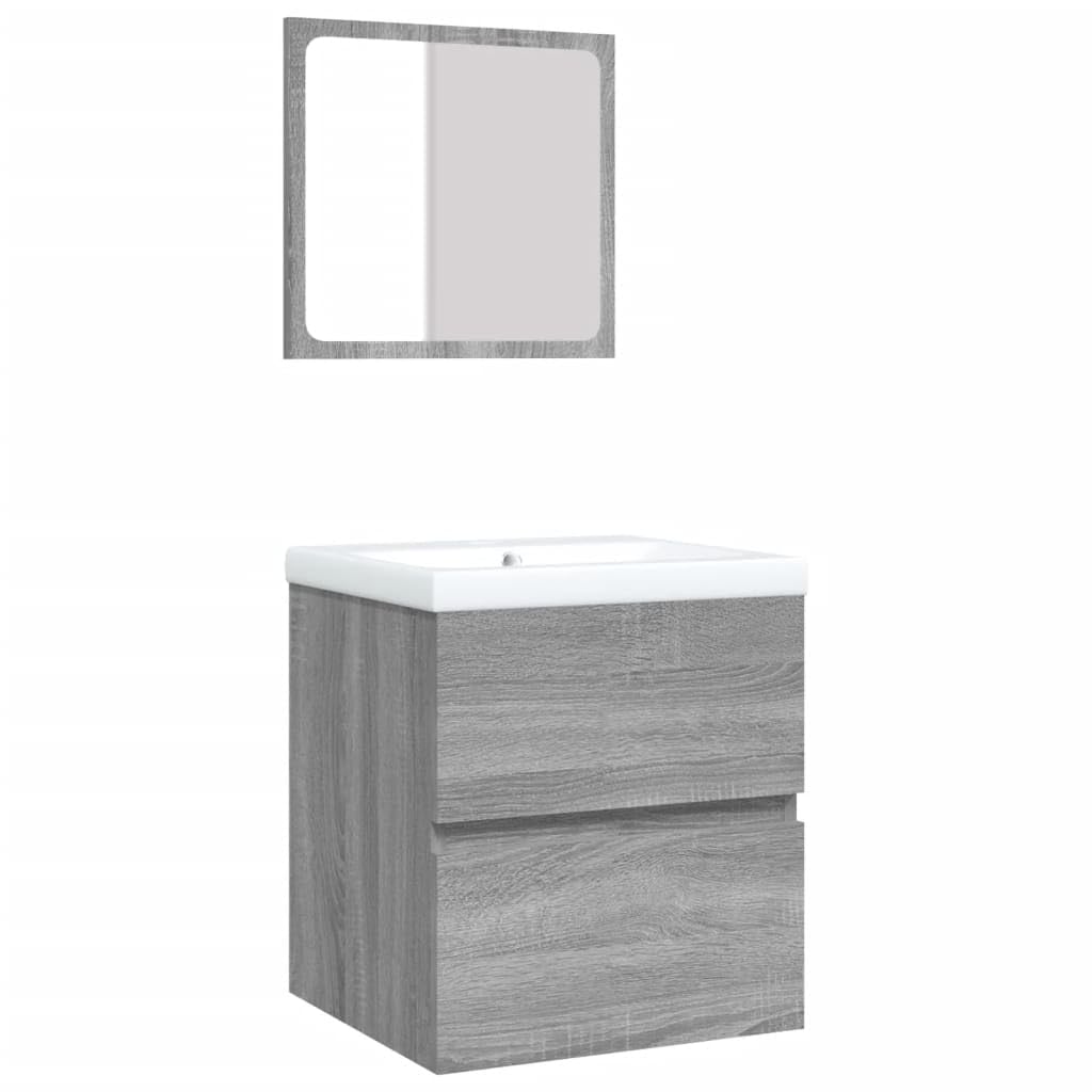 SYDE Armario de Lavabo con lavamanos y Espejo Gris Sonoma | Madera contrachapada resistente a humedad, cajón amplio, montaje en pared, rebosadero integrado