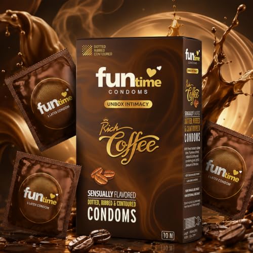 Image of Funtime Coffee Flavoured Dotted Condoms Pack of 3 (10pcs each) | Ribbed & Contoured Condoms for Enhanced Pleasure | Natural Rubber Latex for Protection | Lubricant Coated for High Satisfaction & Excitement