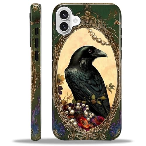ZHEGAILIAN Case for iPhone 16,Durable Drop Protection Shockproof Silicone + Hard PC 2 in 1 Hybrid Protective Cover with Stylish Pattern Design Pearl Crow Gothic Style