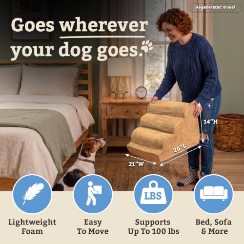Image of Snoozer Scalloped Dog Ramp, 14 inch Tall Foam Pet Stairs, 3 Steps, Camel