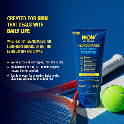 Image of WOW Skin Science Hydrocharge Electrolyte Face Wash with ElectroDew Tech | India's 1st Electrolyte Cleanser with Sodium, Magnesium, Hyaluronic Acid & Coconut Water | pH 5-6 | 100ml