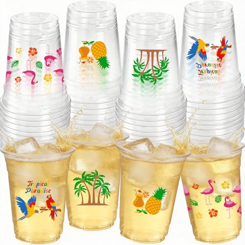 CUPLOOV 50Pcs Luau Party Decoration Cups 16 OZ Disposable Plastic Drinking Cups with Pineapple Flamingo for Hawaiian Tropical Aloha Pool Beach Birthday Party Decor Supplies