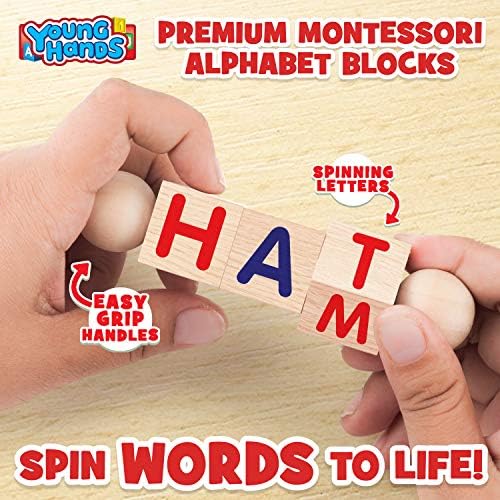 Wooden Reading Blocks | [5] Sets of Fun, Educational Spinning Alphabet Manipulative Blocks for Children w/ Easy-Grip Handles | STEM & Montessori Approved Toy for Pre-Kindergarten Boys & Girls Gift