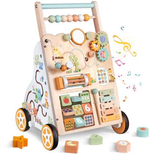 Carrello Primi Passi in Legno per Bambini – Girello Montessori con Centro Attività – Altezza e Velocità Regolabili...