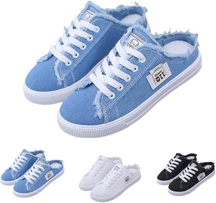 Womens Denim Mule Sneakers Slip-On Canvas Mules Comfortable Sole Round Toe Lace-Up Trainers Breathable Flat Clogs Casual Chic Denim Fabric Non Slip Sports Preppy Flat Backless Shoes for Students