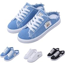 Womens Denim Mule Sneakers Slip-On Canvas Mules Comfortable Sole Round Toe Lace-Up Trainers Breathable Flat Clogs Casual Chic Denim Fabric Non Slip Sports Preppy Flat Backless Shoes for Students