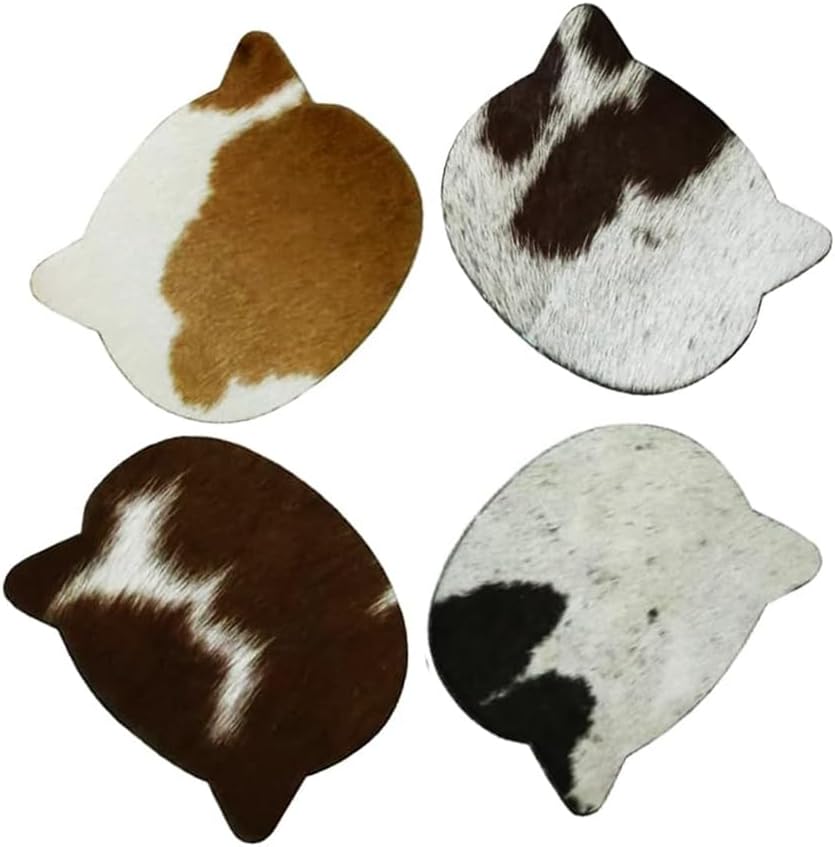 Juego de 4 posavasos de piel de vaca natural, posavasos con forma de vaca para el cabello en forma de vaca, posavasos de cuero para tazas de té,