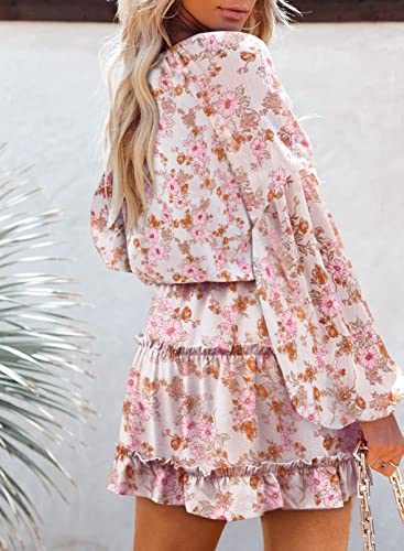 Blencot Women's Casual V Neck Boho Floral Dress Long Sleeve Ruffle Hem Mini Dresses White L #TOP1