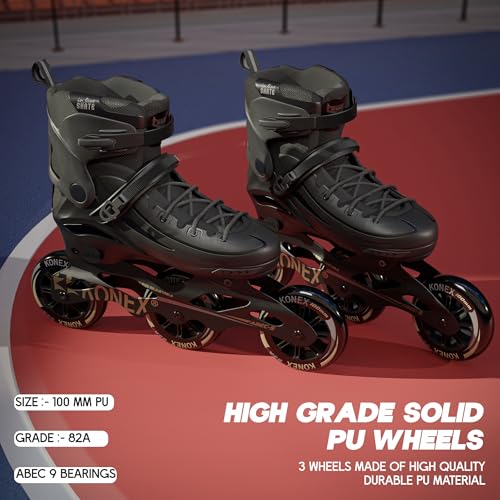Image of Konex Premium 3 Wheel Inline Skates | Adjustable 100 MM PU Rubber Wheel Roller Skating Shoes for Boys and Girls (Size Euro 35-38, Black)