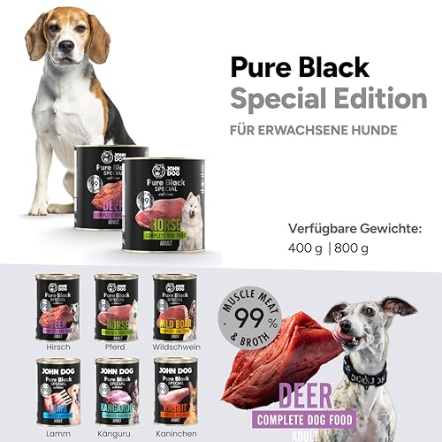 JOHN DOG Hundenassfutter Hirsch - Premium Getreidefreies Hundefutter mit 99% Fleisch - Monoprotein Nassfutter für ausgewachsene Hunde - Pure Black Special Edition 6 x 400g