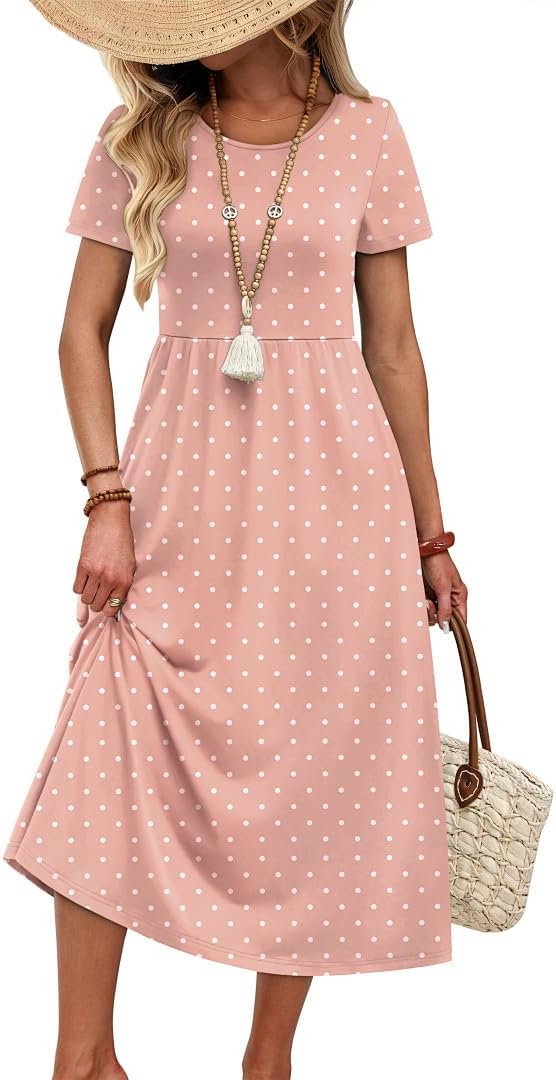 Spring Summer Dresses for Women 2026 Crewneck Short Sleeve Flowy Casual Midi Beach Sundress with Pockets