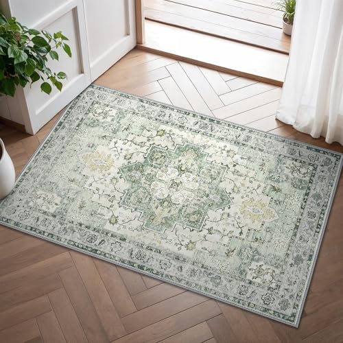 GENIMO Petit Tapis Vintage, Boho Lavable avec Dos Antidérapant, 60x90 cm Tapis Imprimé pour Entrée, Couloir et Corridor,Vert