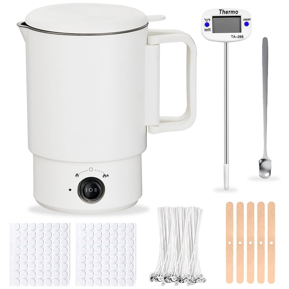 BIZOI Kit Fondoir Cire Bougie Electrique, Machine de Fonte Cire Bougie, 800ml Fondeur de cires pour la Fabrication de Bougies Inclut Thermomètre, Mèches, Autocollants, Supports et Cuillère de Mélange