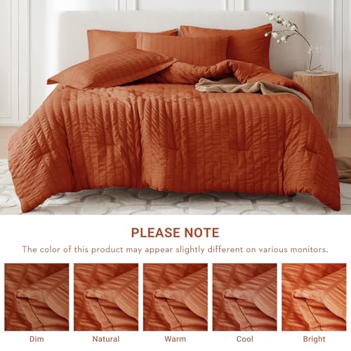 MUXHOMO 7 Pieces Full Comforter Set, Seersucker Bed in a Bag Full Size, All Season Luxury Bedding Set with Comforter, Flat Sheet, Fitted Sheet, Pillowcases & Shams, Burnt Orange by MUXHOMO - Image 5
