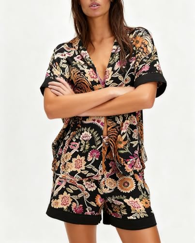 Image of Women Silk Pajamas Floral Satin 2 Piece Pajama Sets | Button Down Short Sleeve Shirt and Elastic High Waist Shorts, Vintage 2Pcs Pj Sets, Two Piece Lounge Set, Elegant Sleepwear