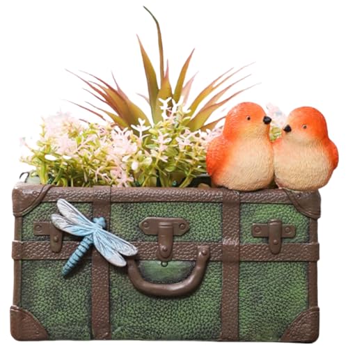 YOYLMAL Vintage Suitcase Shaped Decorative Planter, Resin Succulent Flower Pot with Bird Butterfly for Indoor Outdoor Plants, Antique Home Office Garden Decoration (Green)