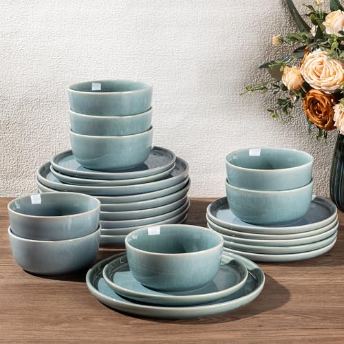 Image of GBHOME Ceramic Dinnerware Sets for 8, 24 Pieces Stoneware Plates and Bowls Sets, Scratch Resistant Dishes, Dishwasher & Microwave Safe, Reactive Glaze-Malachite Green