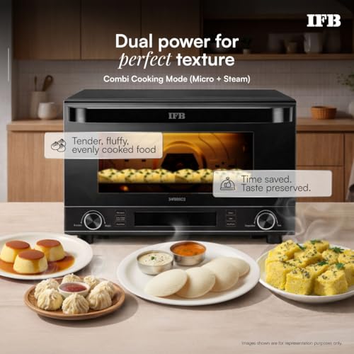 Image of IFB 34L, 1000 W, FlatBed with Inverter Technology, 63 Autocook menus, PowerSteam, 6 Power levels, SelfClean, Steralise mode, LCD Display, Convection & Grill Microwave Oven (34FBBSC2, Metallic Grey)