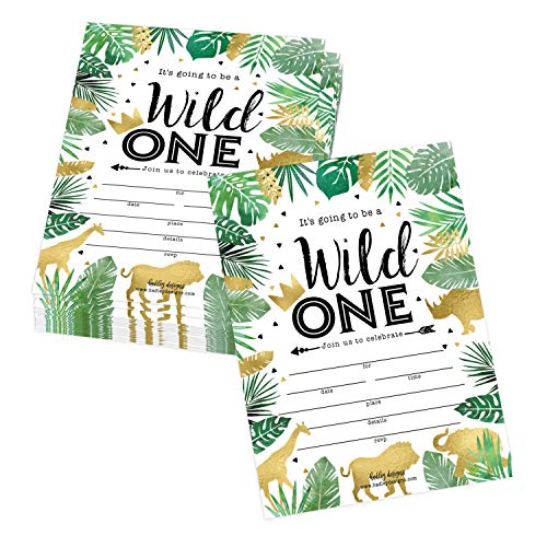 Image of Hadley Designs Kids Birthday Invitations For Boys and Girls Safari Theme - 25 Wild One 1st Birthday Party Invitations For Boys, Jungle Invites For Girls, Cute Animals Party Supplies, Made In USA