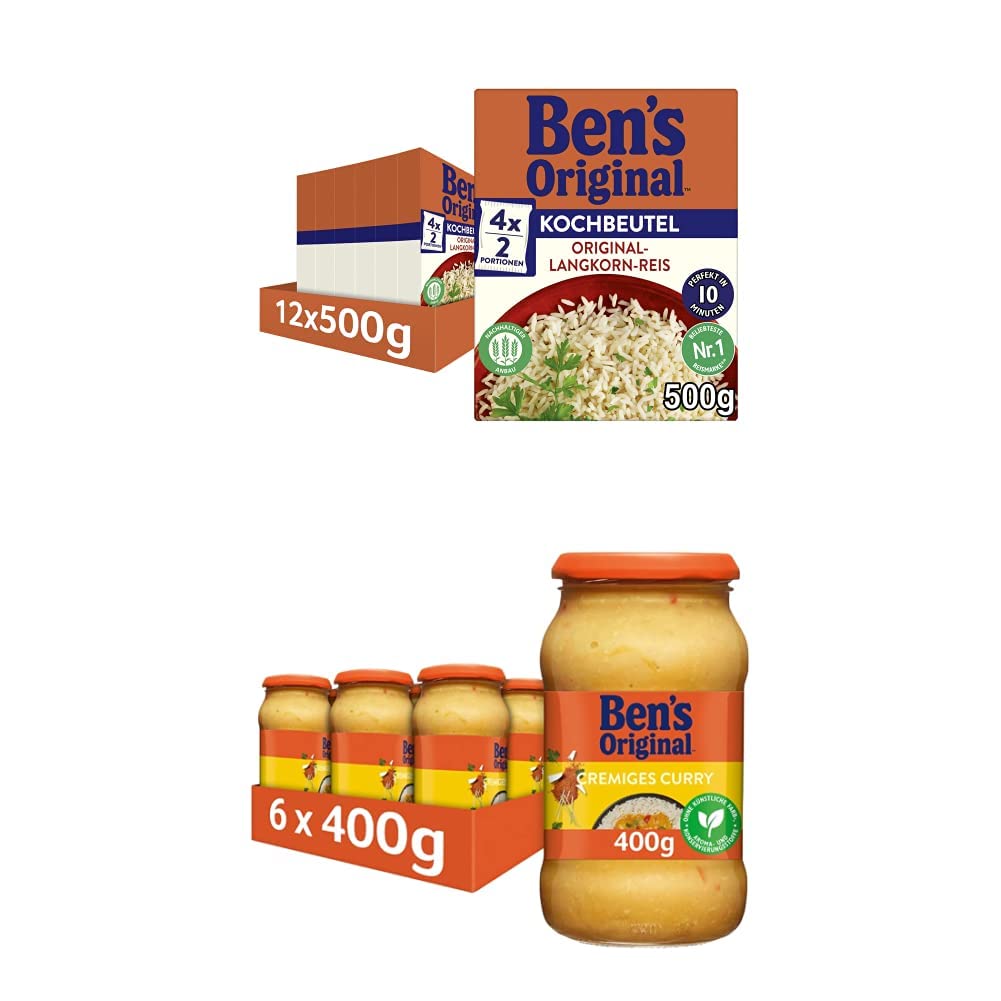 Ben's Original - Multipack - Langkorn Reis, 10 Minuten Kochbeutel (12 x 500g) I Sauce Cremiges Curry (6 x 400g), 18 Packungen (12 x 500g I 6 x 400g)