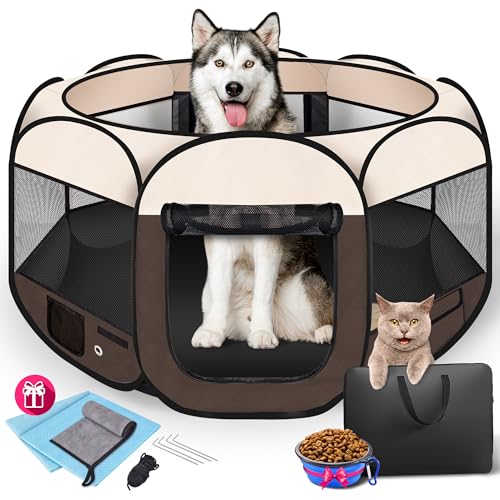 45" Foldable Pet Playpen for Large Dogs, HOMAGICO Pet Playpen for Indoor Cats Enclosed, Portable Dog Playpen Outdoor Tent Crate with Carrying Case, Water-Resistant and Removable Shade Cover,