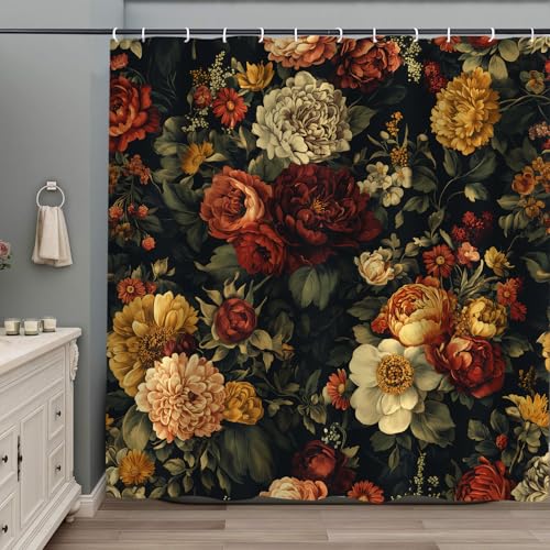 PAOPOED Black Floral Shower Curtain, Vintage Dark...