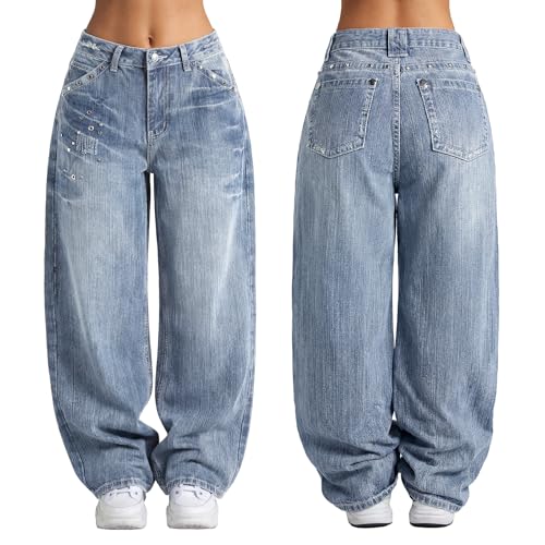 Image of EMMIOL Women Hip Hop 90s Vintage Baggy Jeans Denim Pants Mid Waist Jeans