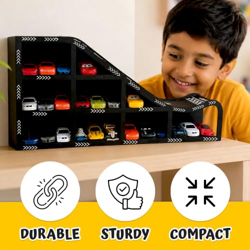 Image of Toy Car Display Track for Hot Wheels Style Cars, 1:64 Diecast Car Storage Organizer, Kids Car Parking Garage with Racing Ramp, Holds up to 22 Mini Cars, MDF Tabletop Display Rack for Boys Room Gift