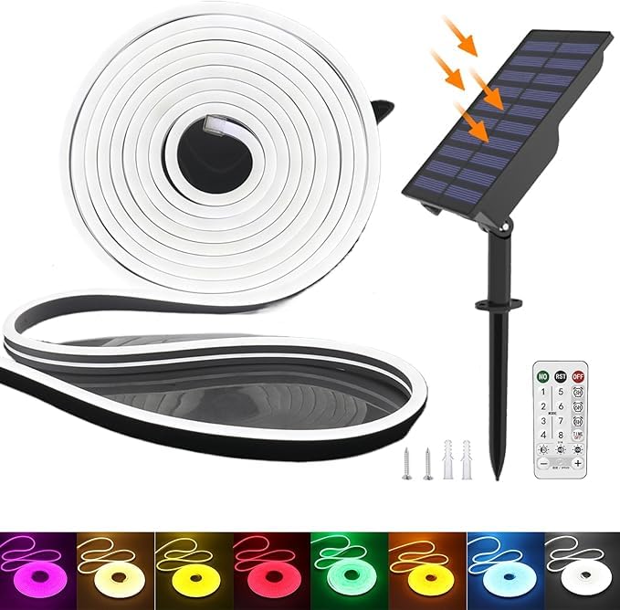 KISUFU Solar Energy Neon LED Ribbon, 24V Neon LED Strip Light IP65 Waterproof Silicone with 1.5w Solar Rechargeable Wall Mount USB Controller for Garden, Outdoor Yard Party Decoration