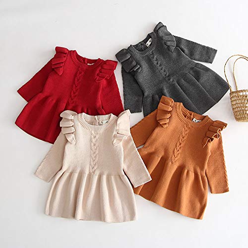 Toddler Baby Girl Knitted Dresses Kids Solid Ruffle Long Sleeve One Piece Dress Fall Winter Warm Sweater Outfits (Red,3-6 Months) - Thumbnail 4