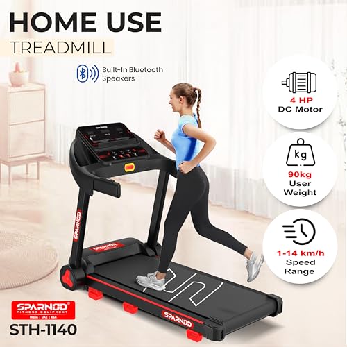 Image of Sparnod Fitness STH-1140 Treadmill for Home Use, 4 HP Peak Motor, 1-14 km /h Speed, Foldable with Bluetooth Speaker & Multi-LED Display, Manual Incline, 12 Preset Programs, Max User Weight 90 kg