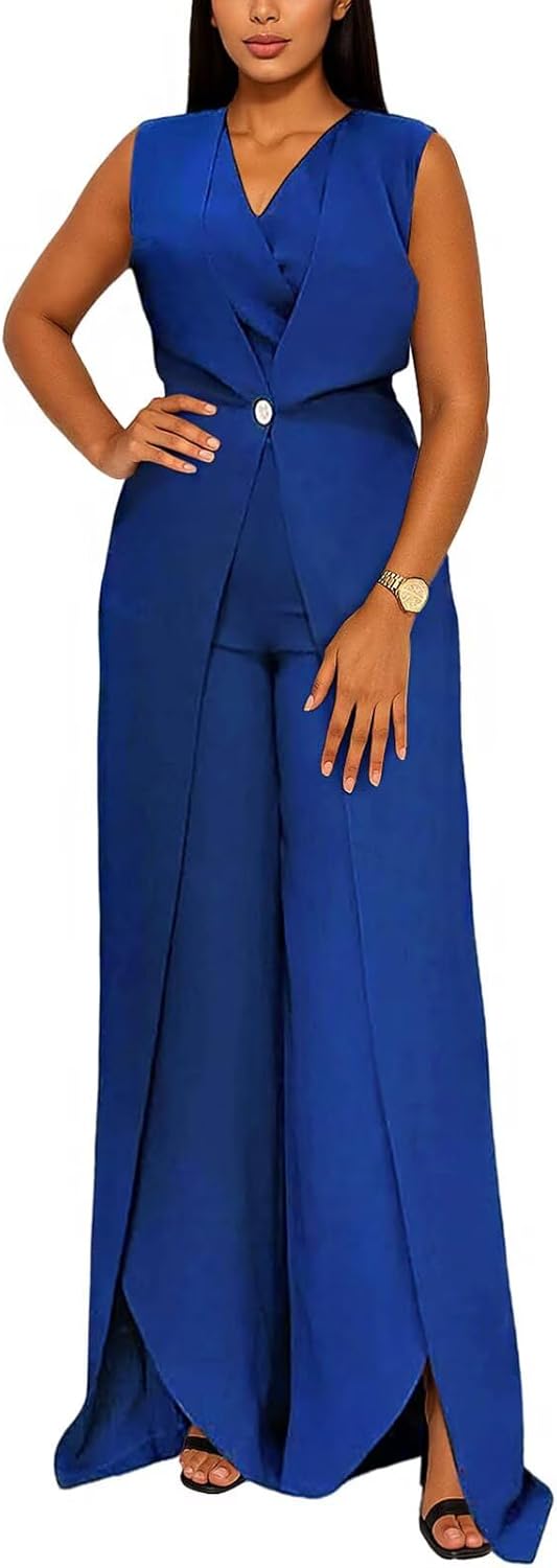 Women Dressy Jumpsuits Formal Casual V Neck Button Front Split Wide Leg Jumpsuit Romper Fall Outfits
