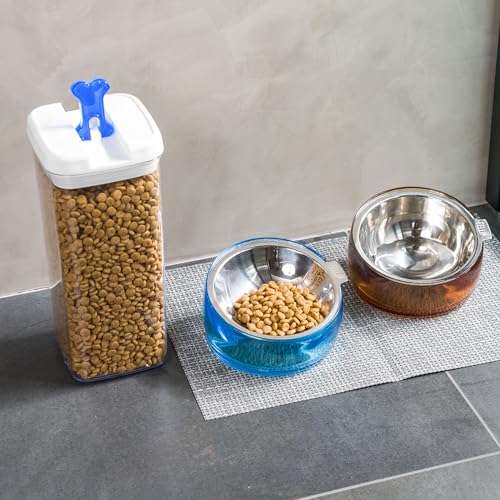 Image of Felli Pet Oblik Acrylic Raised Dog Food Water Bowl Stainless Steel Slanted Oval Dish for Short Leg Puppy & Small Medium Pet, Elevated Tilted Metal Feeder (Sapphire, 1.5 Cups Oval Dish)