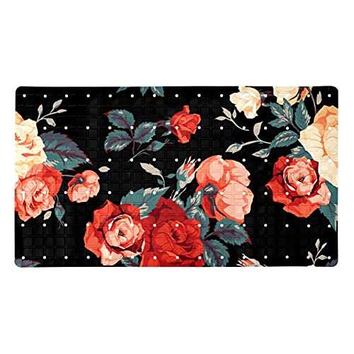 Tapis de baignoire avec ventouses et trous de drainage, antidérapant, lavable en machine, fond noir, fleur rouge