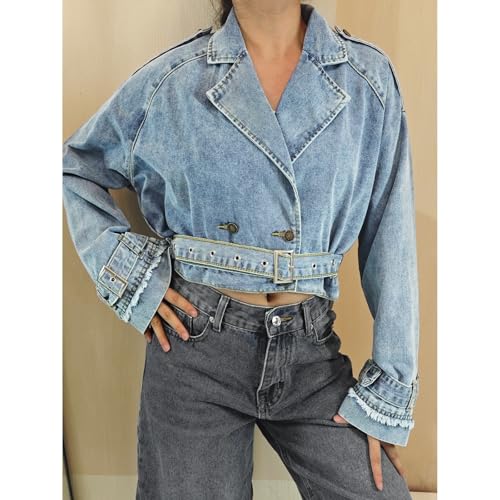 Giraropa Women's Cropped Denim Jackets Retro Lapel Neck Frayed Long Sleeve Tie-up Casual Office Jean Jacket Coats2