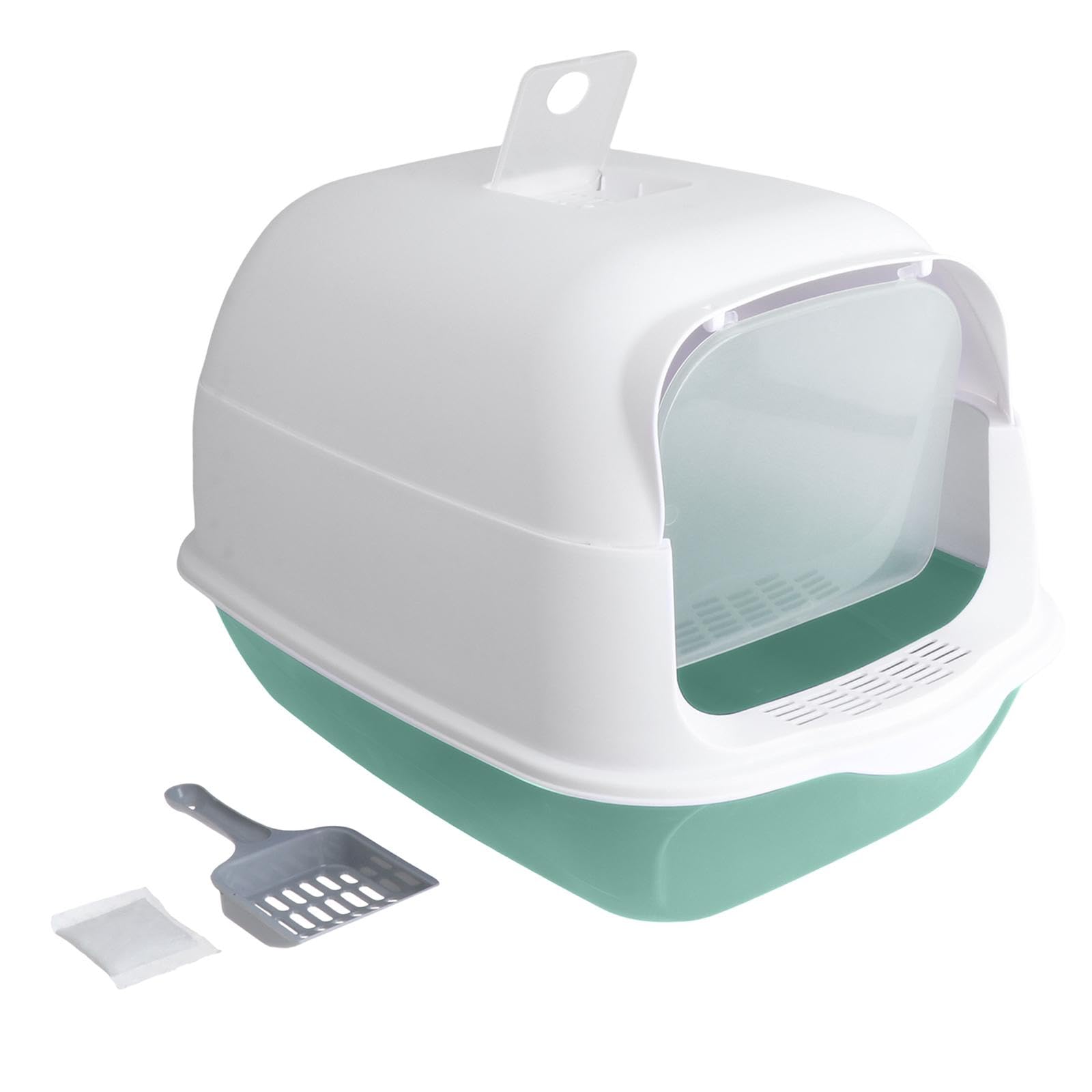 Toilettes Fermées pour Chat, Grand Modèle, avec Porte Avant Anti-éclaboussures et Amovibles, Vert