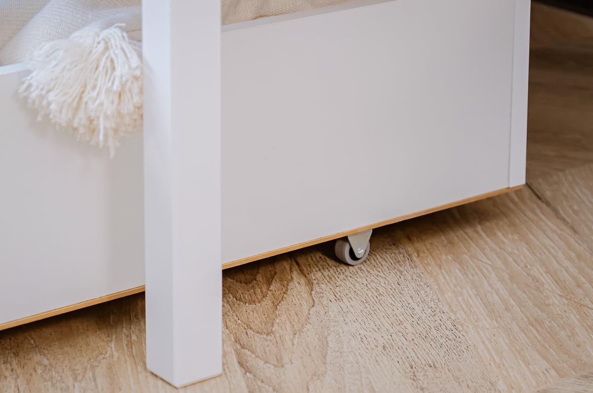 Hochbett 80x180 cm mit 2 Schubladen Etagenbett mit Rausfallschutz und Lattenrost, umbaubar in Zwei Kinderbetten, aus Vollholz massiv in weiß, Funktionsbett 80x180 cm von 3. bis 12. Lebensjahr