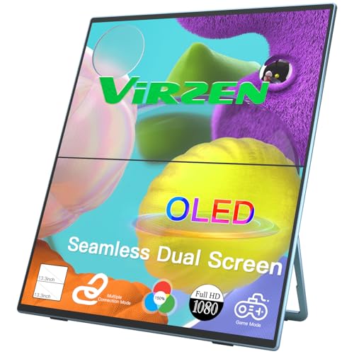 Image of Virze Portable Monitor OLED Stacked Dual Screen All-in One Seamless 1080P 13.3'' Triple Screen Extender with VESA Kickstand for Laptop Mini PC Game Console Landscape Portrait Mode (Not Foldable)