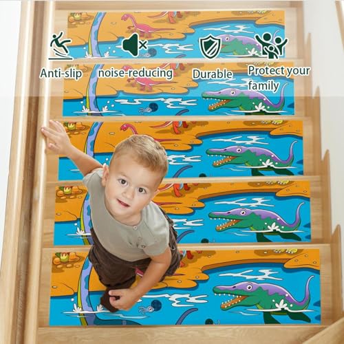 Alfombrillas de escalera antideslizantes con diseño de dinosaurios para peldaños de interior 4