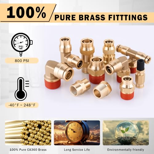 Image of CheeMuii 136 PCS Brass DOT Air Line Fittings Kit Push Lock DOT Air Fittings Push to Connect Fittings 1 /8 inch 1 /4 inch 3 /8 inch 1 /2 inch Quick Connect Air Hose Fittings Assortment for Air Line Air Hose