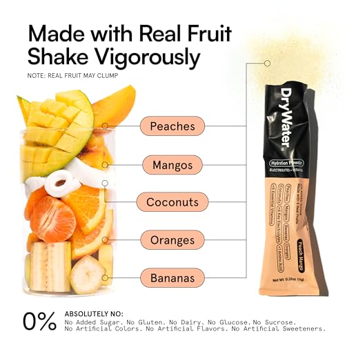 Image of DryWater Electrolyte + Vitamin Hydration Powder Packets - Peach Mango, 1,000mg Potassium, Real Organic Fruit, NSF Certified for Sport, Nothing Artificial, No Added Sugar (12 Stick Packs)