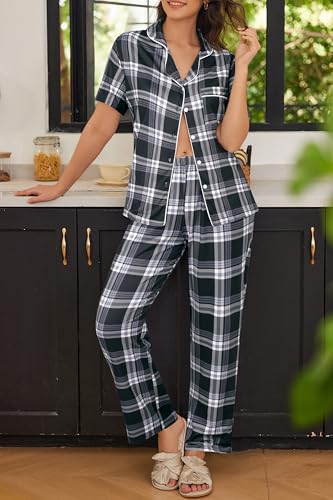 Image of Ekouaer Womens Pajamas Set Print PJs Soft Button Down Sleepwear Short Sleeve Lounge Set with Pockets