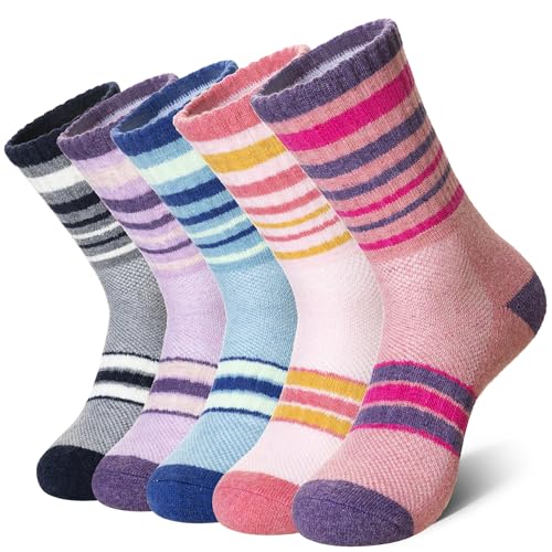 SEEYAN Womens Merino Wool Socks Hiking Walking Winter Thermal Boot Warm Cushion Work Thick Crew Socks 5 Pairs (5 Pairs Stripe B 3-7)