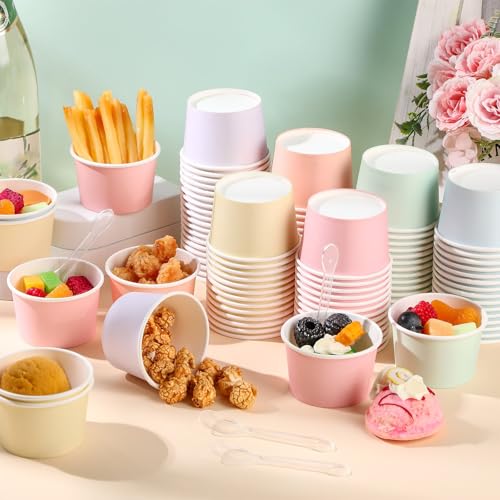 Image of Boao 100 Set 5 oz Ice Cream Cups with Spoons Disposable Paper Sundae Dessert Bowls Summer Party Supplies (Pastel)