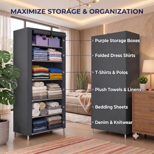 Image of Ulif Multipurpose 𝗖𝗼𝗹𝗹𝗮𝗽𝘀𝗶𝗯𝗹𝗲 𝗪𝗮𝗿𝗱𝗿𝗼𝗯𝗲 Cabinet | 𝗙𝗼𝗹𝗱𝗮𝗯𝗹𝗲Fabric Organizer with 𝟲 𝗦𝗵𝗲𝗹𝘃𝗲𝘀 | Portable Clothes 𝗦𝘁𝗼𝗿𝗮𝗴𝗲 𝗥𝗮𝗰𝗸 for Bedroom