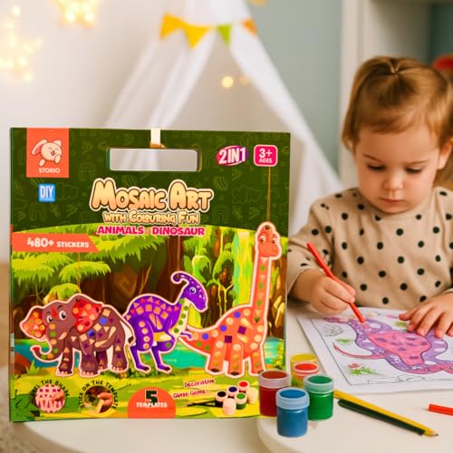 Image of Storio Mosaic Art & Craft Kit for Kids with Colouring Fun | Mirror Mosaic DIY Set with Animals & Dinosaurs Theme | Creative Craft Activity for Girls Age 4-8 | Mess-Free, Fun & Educational Gift