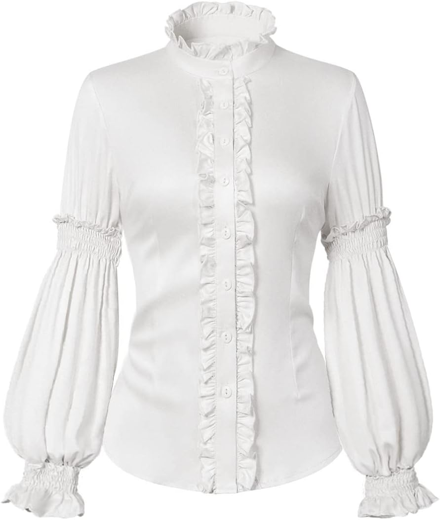 Womens Vintage Victorian Shirts Renaissance Medieval Long Sleeve Stand Collar Blouse Lotus Ruffled Tops