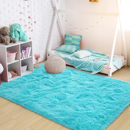 Image of Naze Carpet for Hallway, Kitchen, and Modern Interiors, Contemporary Color Block Area Rug - Cozy Shag Runner for Living Room, Entryway & Office Decor ETC Size 5x7 feet, Patten-Solid Ivory Turqoice