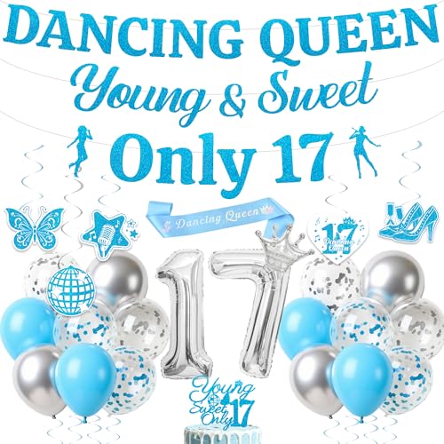 Happy 17th Birthday Decorations for Girls - Blue Silver Dancing Queen Young and Sweet Only 17 Party Decor Sweet 17 Year Old Birthday Party Supplies with Banner Hanging Swirls Balloons Cake Topper